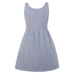 Plus Size Simple Light Blue Scoop Neck Sleeveless Pinstripe Summer Swing Dress N19417