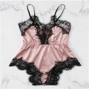 Plus Size Sexy Pink Satin Lace Trim Spaghetti Strap Pajamas Teddy Bodysuit Lingerie N21328