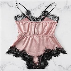 Plus Size Sexy Pink Satin Lace Trim Spaghetti Strap Pajamas Teddy Bodysuit Lingerie N21328