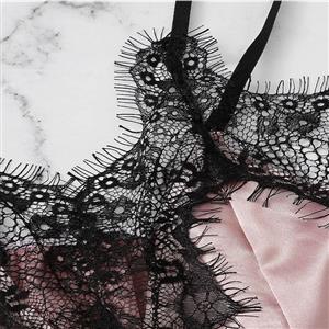 Plus Size Sexy Pink Satin Lace Trim Spaghetti Strap Pajamas Teddy Bodysuit Lingerie N21328