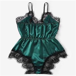 Plus Size Sexy Green Satin Lace Trim Spaghetti Strap Pajamas Teddy Bodysuit Lingerie N21329