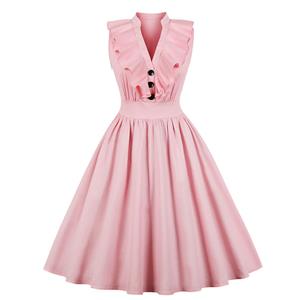 Plus Size Casual Pink Sleeveless V Neck Ruffled Button Midi Summer Day Dress N20764