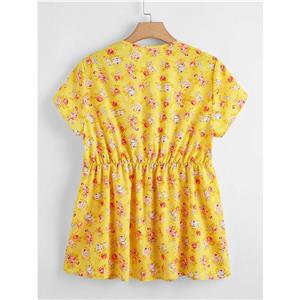 Plus Size Women's Yellow Floral Print V Neck Lacing Short Sleeve Blouse Loose Tops N20788