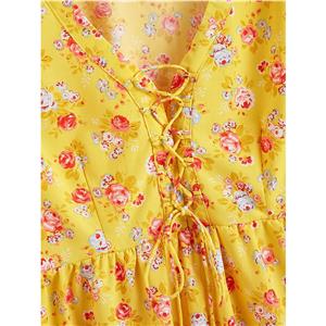 Plus Size Women's Yellow Floral Print V Neck Lacing Short Sleeve Blouse Loose Tops N20788