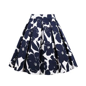 Plus Size Vintage Blue Floral Print High Waisted Flared Pleated Skirt N19416