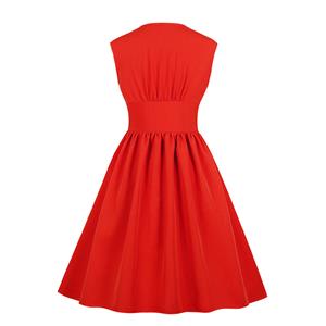 Plus Size Vintage V Neck Front Button Sleeveless High Waist Cocktail Party Swing Dress N20765