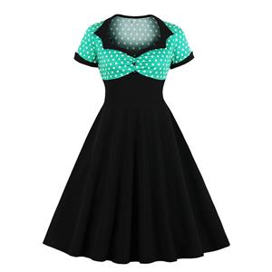 1950's Vintage Polka Dots Spliced Lapel Short Sleeve Cocktail Party A-line Swing Dress N19624