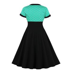 1950's Vintage Polka Dots Spliced Lapel Short Sleeve Cocktail Party A-line Swing Dress N19624