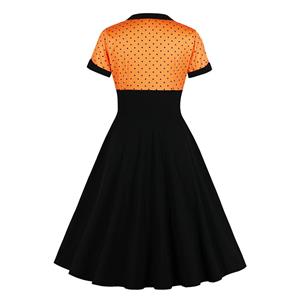 1950's Vintage Polka Dots Spliced Lapel Short Sleeve Cocktail Party A-line Swing Dress N19660