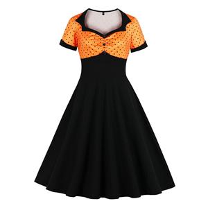 1950's Vintage Polka Dots Spliced Lapel Short Sleeve Cocktail Party A-line Swing Dress N19660