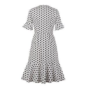 1950's Vintage Polka Dots Bowknots Flare Sleeve Front Button Cocktail Party Fishtail Dress N19946
