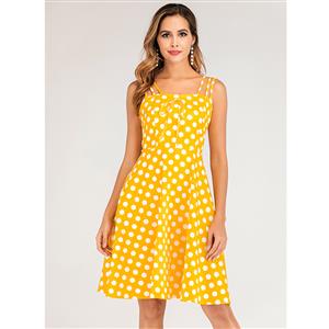 Adorable Polka Dots Strappy Sleeveless High Waist Summer Tea Party Swing Dress N20121