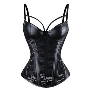 Punk Retro Black Lace Corset Lingerie&Faux Leather Pant Set N12771