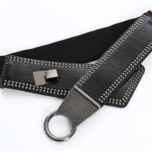 Retro Punk Metal Interlock Buckle Womens Elastic Wide Waist Belt Cinch N14835