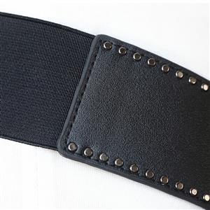 Black Vintage Punk Metal Interlock Buckle Studded Womens Elastic Wide Waist Belt Cinch N15195