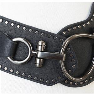 Black Vintage Punk Metal Interlock Buckle Studded Womens Elastic Wide Waist Belt Cinch N15195