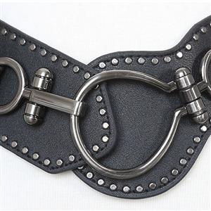 Black Vintage Punk Metal Interlock Buckle Studded Womens Elastic Wide Waist Belt Cinch N15195