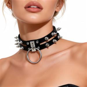 choker, spiked choker, leather choker, punk choker, gothic choker, o-ring choker, buckle choker, edgy jewelry, rocker necklace, alternative fashion, statement collar, metal spike accessory, black leather choker, y2k choker, biker choker #J23944