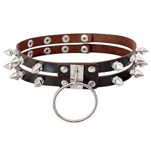 Brown Punk Spiked Leather Choker with O-Ring & Buckle Accent?? J23945