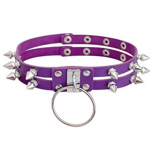 Purple Punk Spiked Leather Choker with O-Ring & Buckle Detail? J23946