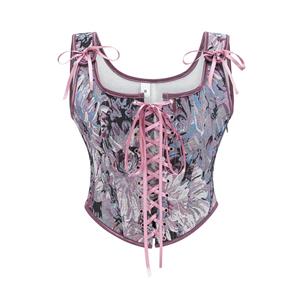 Women's Grey Corset, Floral Jacquard Bustier, Square Neck Top, Front Lace Up, Shoulder Ties, Monochrome Floral, Vintage Inspired, Structured Boning, Romantic Style, High Waist Match, Chic Outfit, Women's Fashion, Waist Cincher, Statement Top, Evening Wear #N23968