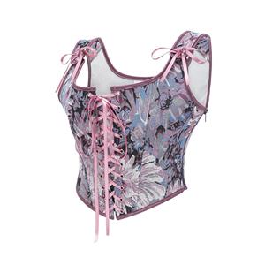 Women's Purple Floral Jacquard Corset Top Square Neck Front Lace-Up Shoulder Ties N23968