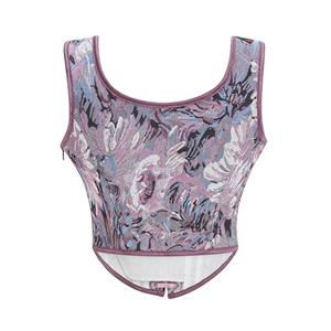 Women's Purple Floral Jacquard Corset Top Square Neck Front Lace-Up Shoulder Ties N23968