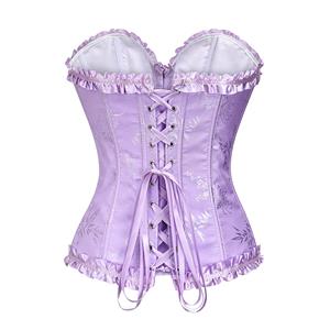 Victorian Gothic Purple Brocade Plastic Boned Ruffle Waist Cincher Body Shaper Overbust Corset N22415