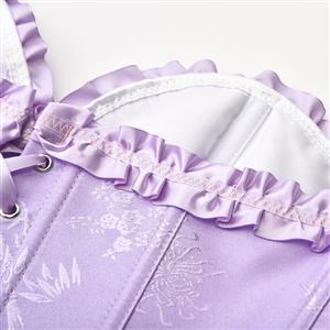 Victorian Gothic Purple Brocade Plastic Boned Ruffle Waist Cincher Body Shaper Overbust Corset N22415