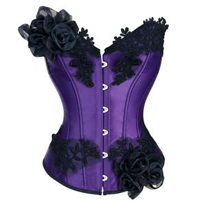 Fashion Purple Strapless Embroidered Lace Flowers Plastic Bone Overbust Corset N20245
