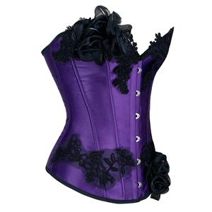 Fashion Purple Strapless Embroidered Lace Flowers Plastic Bone Overbust Corset N20245