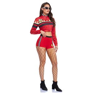 Women's Race Girl 5-Piece Costume Set: Red Lightning Jacket Black Innerwear Red Shorts Checkered Scarf Sunglasses N23807