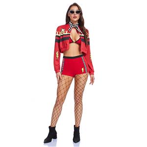 Women's Race Girl 5-Piece Costume Set: Red Lightning Jacket Black Innerwear Red Shorts Checkered Scarf Sunglasses N23807