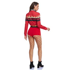 Women's Race Girl 5-Piece Costume Set: Red Lightning Jacket Black Innerwear Red Shorts Checkered Scarf Sunglasses N23807