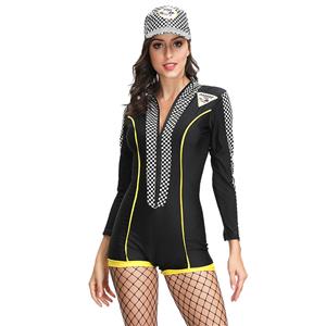 Sexy Racer Girl Check Print Long Sleeve Stretchy Bodysuit Cosplay Costume with Cap N19125