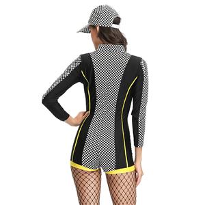 Sexy Racer Girl Check Print Long Sleeve Stretchy Bodysuit Cosplay Costume with Cap N19125