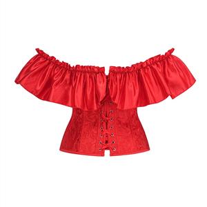 Red Off-Shoulder Corset Top - Ruffle Sleeve Bustier with Front Lacing N237828