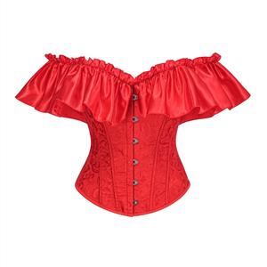 red corset top, off-shoulder bustier, ruffle sleeve corset, adjustable lacing top, vintage inspired corset, satin bustier top, romantic date night outfit, themed party costume, waist training corset, dramatic evening wear #N237828