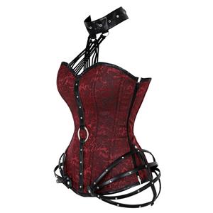 Steampunk Gothic Red Halterneck Strapless Steel Boned Rivet Outerwear Corset N20889