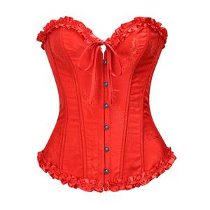 Victorian Gothic Red Brocade Plastic Boned Ruffle Waist Cincher Body Shaper Overbust Corset N22411