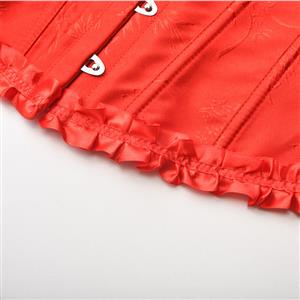 Victorian Gothic Red Brocade Plastic Boned Ruffle Waist Cincher Body Shaper Overbust Corset N22411