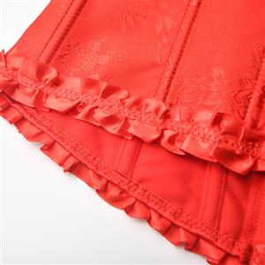 Victorian Gothic Red Brocade Plastic Boned Ruffle Waist Cincher Body Shaper Overbust Corset N22411