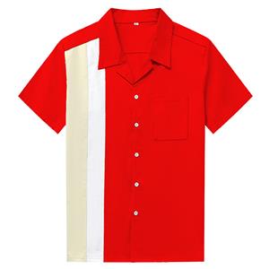 Fashion Red Splicing Panel Beer Shirt Casual Fifties Bowling Shirt with Pocket N16755