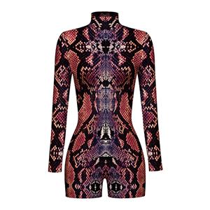 Red Pattern Jumpsuit, Halloween Robot High Neck Slim Fit Bodysuit, Halloween Bodycon Jumpsuit, Long Sleeve Shorts High Neck Jumpsuit, Halloween Jumpsuit for Women. #N22347