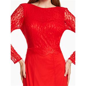 Women's Red Round Neck Long Sleeves Lace Evening Gowns N15909