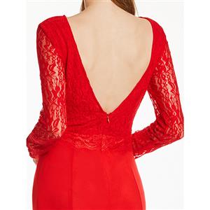 Women's Red Round Neck Long Sleeves Lace Evening Gowns N15909