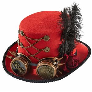 Red Steampunk Red Rose and Gear Goggles Masquerade Halloween Costume Top Hat J22787