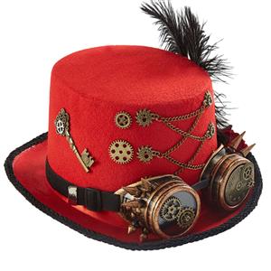 Red Steampunk Red Rose and Gear Goggles Masquerade Halloween Costume Top Hat J22787