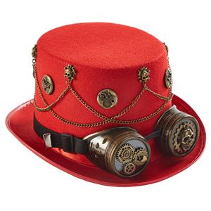 Red Steampunk Skull Head and Gear Goggles Masquerade Halloween Costume Top Hat J22785