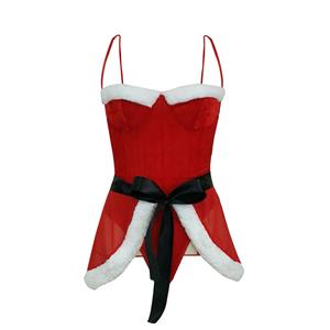 Sexy Red Velvet Spaghetti Straps Teddies Lingerie Christmas Girl Costume Chemise Suit XT20848
